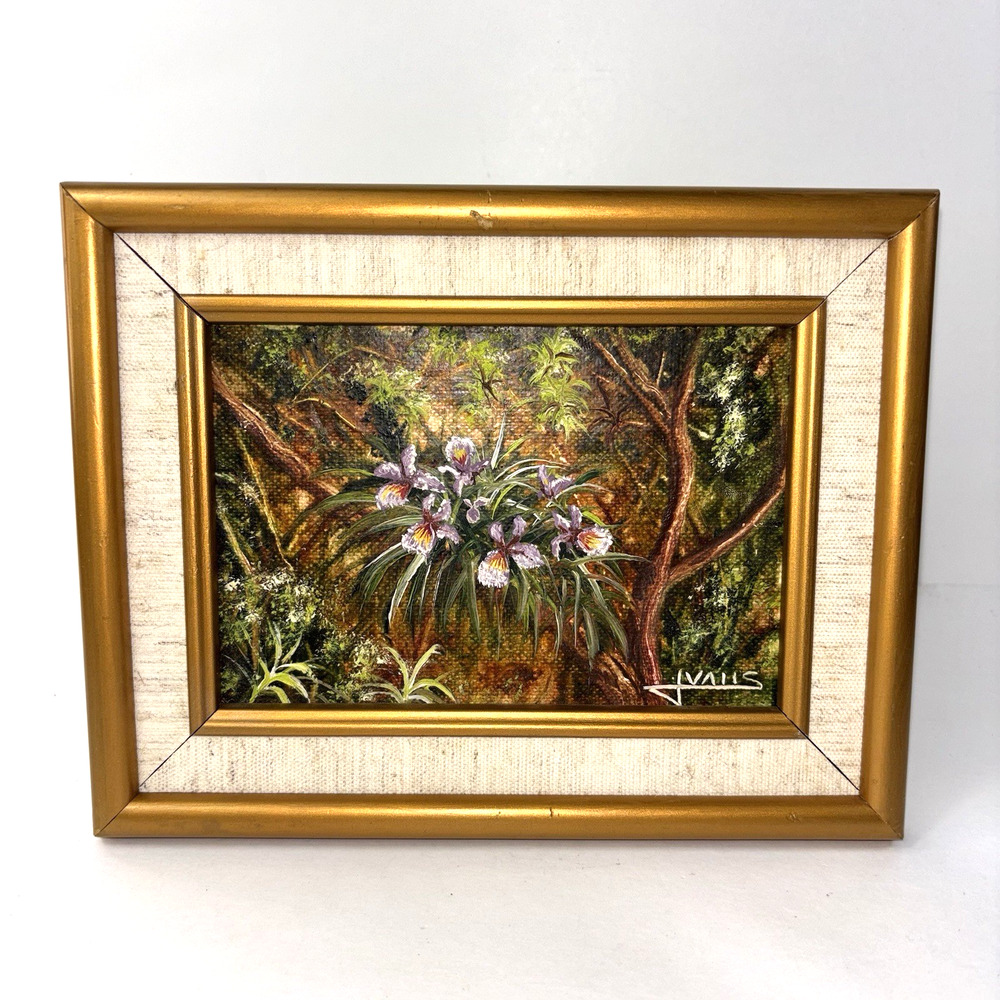 Vtg Purple Orchids in Jungle botanical Oil Painting Canvas Signed Original 5x7